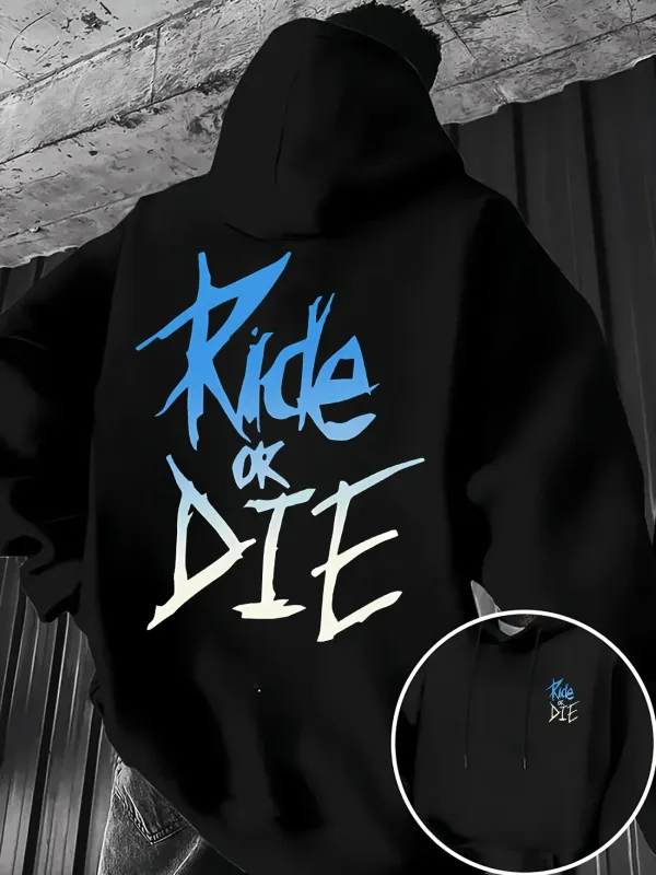 Men's Hoodie with Ride or Die Lettering Print Adult Pullover Sweatshirt Street Casual Comfortable Hip-Hop Long Sleeve Top