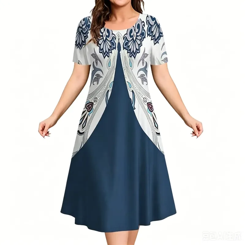 2026 New Women Dresses 3D Flowers Pattern Print Short Sleeve Loose Dress Casual Fashion A-Line Dress Summer Plus Size Dresses