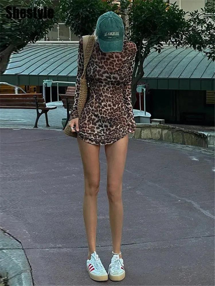Shestyle – robe trapèze léopard Sexy pour femmes, ensemble deux pièces en maille transparente, mode extrêmement chaude, imprimé Animal de rue élégant — image 3