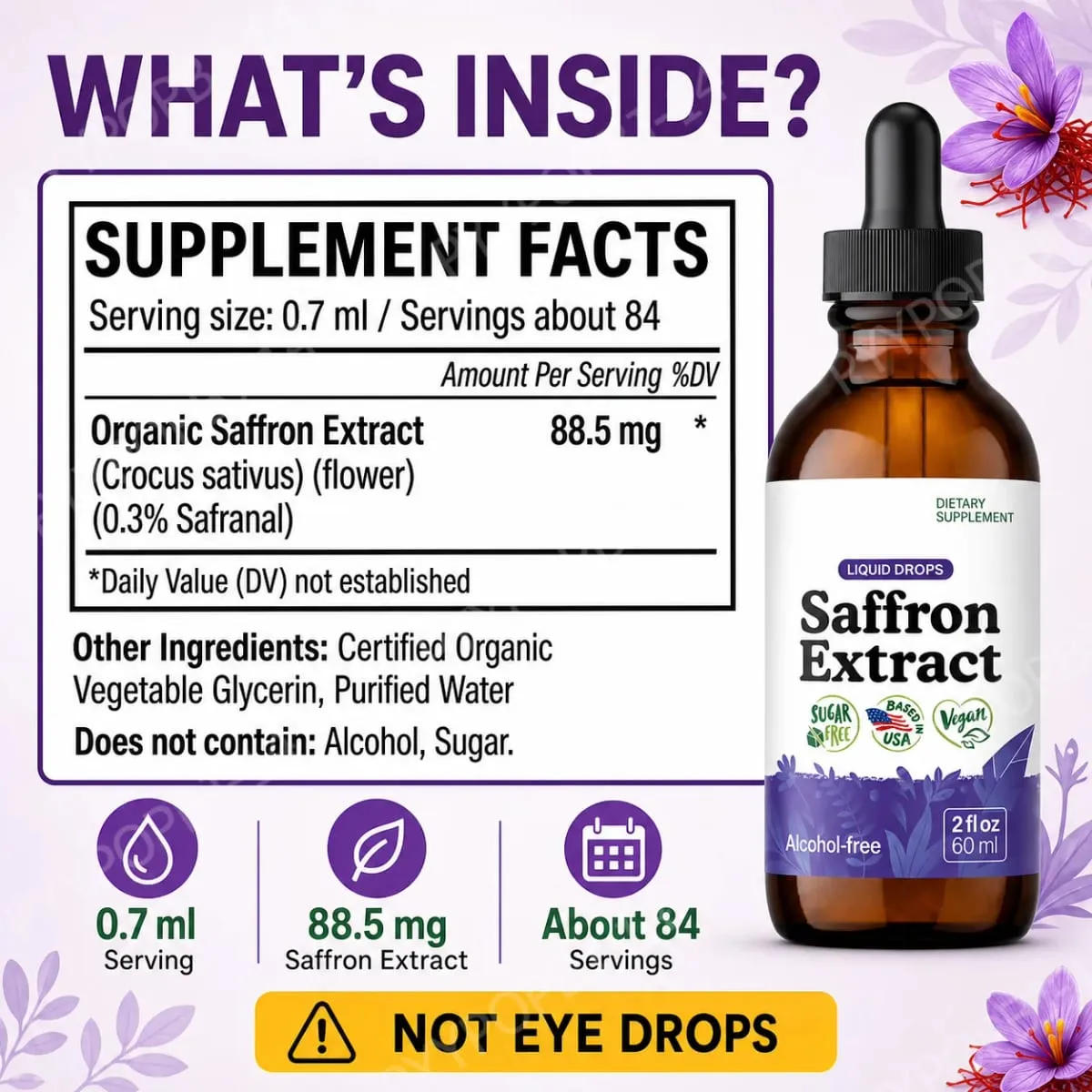 Organic Saffron Liquid Extract Drops Plant Based Herbal Supplement Vegan Sugar Alcohol Free 60ml Daily Health Supplements