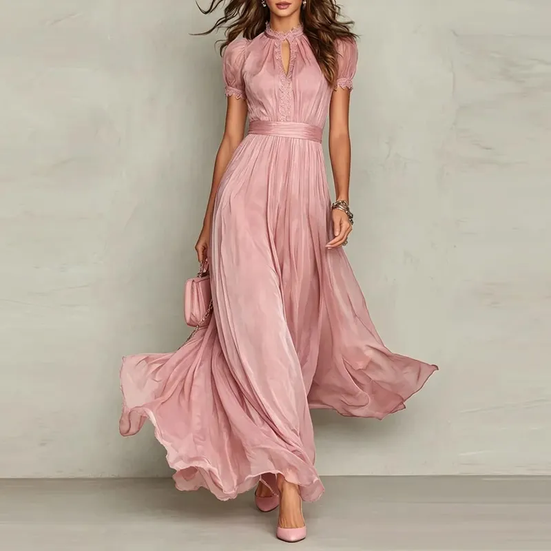 Elegant Chiffon Lace Trim Midi Dress Stand Collar Neck Puff Sleeve Cinched Waist Draped A Line Flowy Women's Casual Dresses — image 8