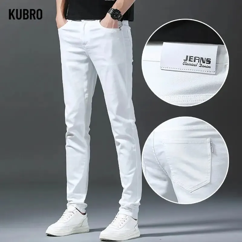 Mens Straight Elastic Waist Jeans 2025 Autumn Winter Fashion Brand Comfortable Versatile Pants Slim Fit White Jeans High Street — image 1