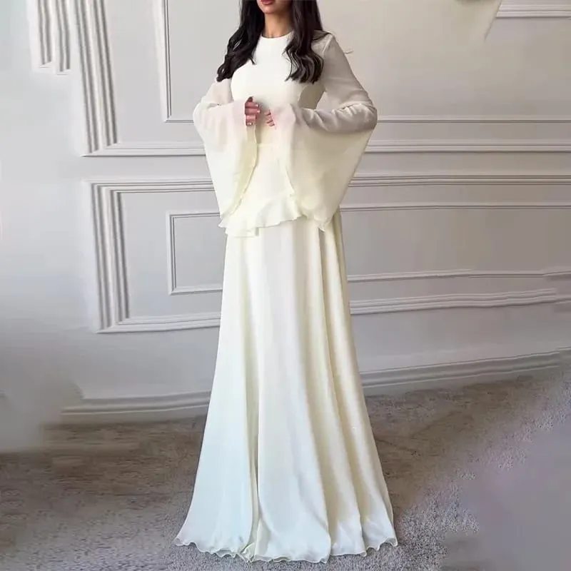 Women Chiffon Solid Ruffled Dress Flare Sleeve Round Neck 2025 New Elegant Maxi Gown Evening Party Fashion Holiday Lady