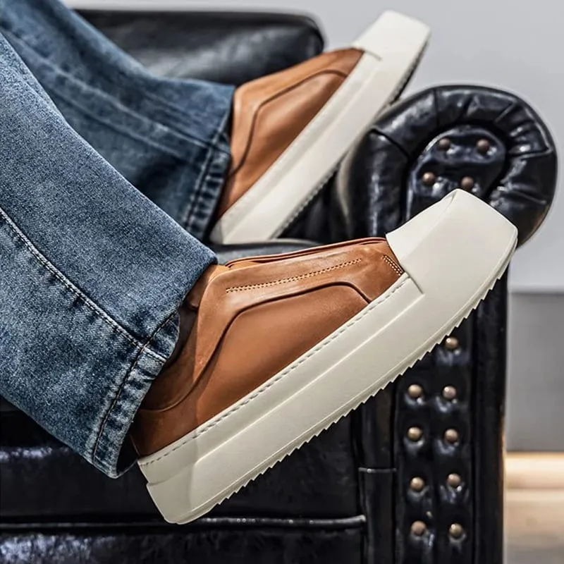Retro brązowe buty męskie ze skóry PU lekka platforma z gumką codzienne trampki modne buty do chodzenia po ulicy wysokiej jakości — image 3