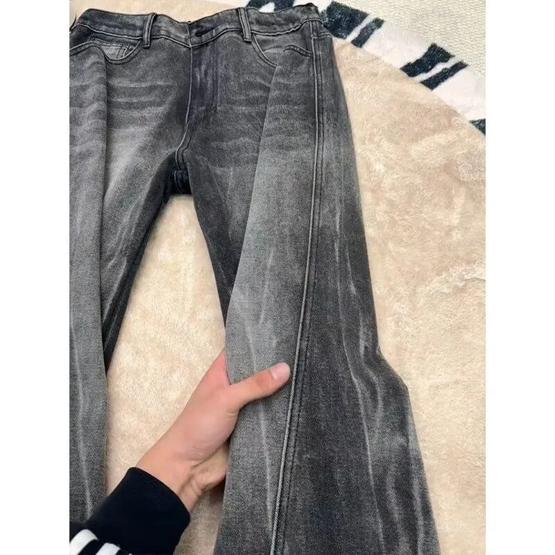 Mens Jeans Harajuku High Street Streetwear Lightning Cut Denim Pants Micro Flared Curved Fit High Waist Slim Straight Spring New