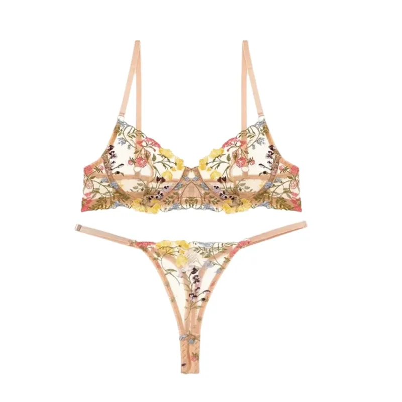 Versatile Transparent Lingerie Set Ultra-thin Elegant Embroidery Floral Underwear Push Up Panties Bra Set Women — image 2