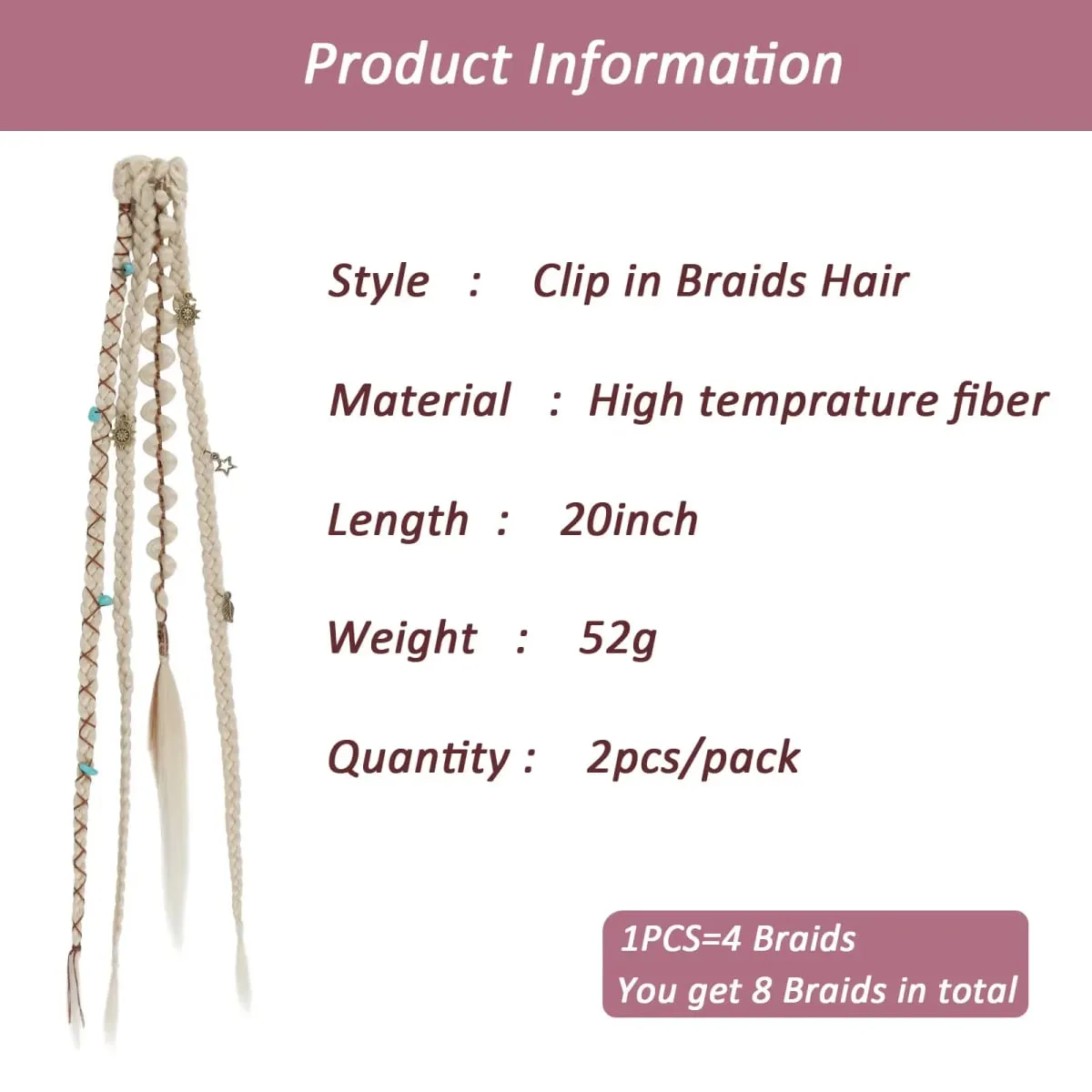 Clip in Braid Hair Extensions for Women 20" Boho Dreadlock Clip in Braids with Beads & Charms 2PCS Synthetic Braided Hairpiece