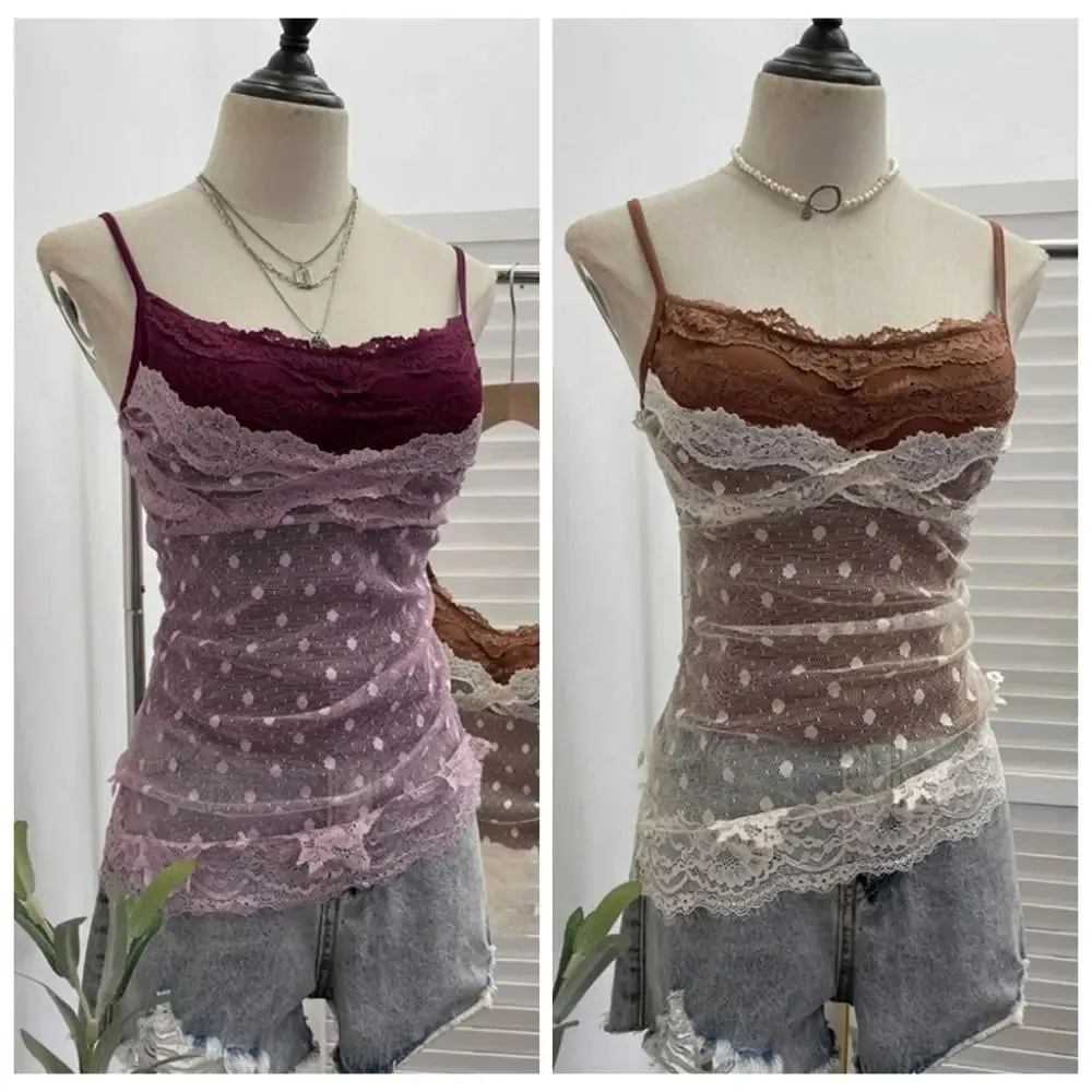 Lace Dots Fake Two Pieces Camisole Wrapped Chest Bra Slim Fit Sweet Girl's Tank Top Tank Top Elastic Bra with Pads Cami Summer