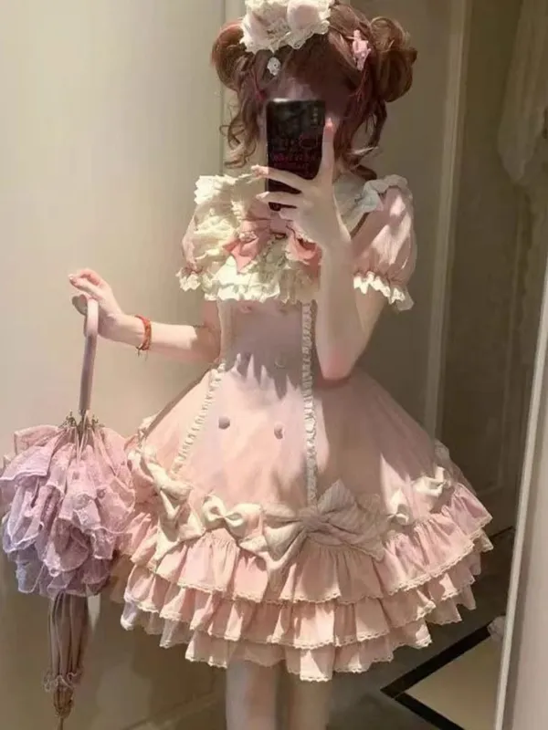2025 Japanese Kawaii Sweet Lolita Princess Dress Women Pink Y2k Bow Lovely Slim Dresses Female Korea Style Design Chic Outfits — image 3