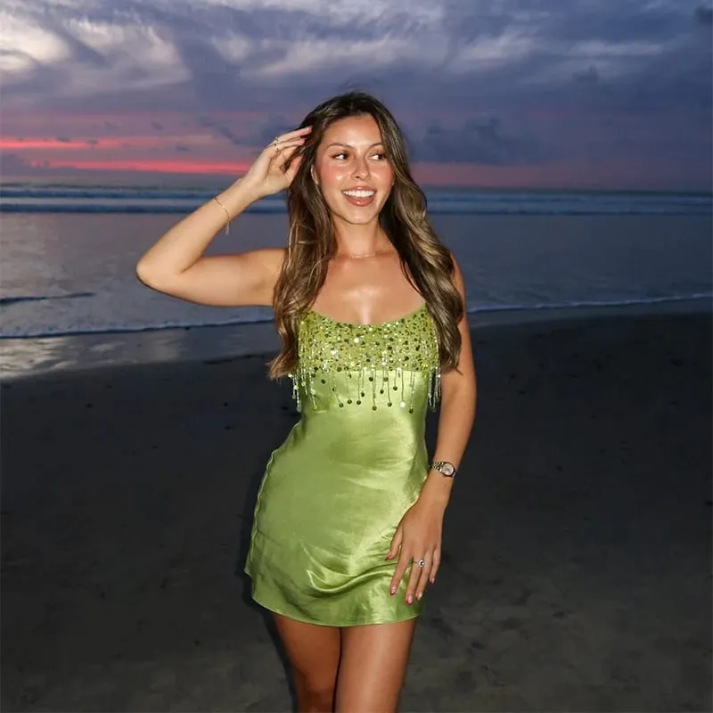 Fashion Sequin Fringe Mini Dress Sexy Spaghetti Strap Satin Slip Dresses Cocktail Party Club Vestido 2026 New Y2k Women Clothing