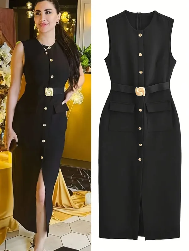 Sleeveless Button Down Ashirtdress with Belt Solid Color Front Slit Elegant for Office Party Dresses Luxury 2025 Ashirtwaister