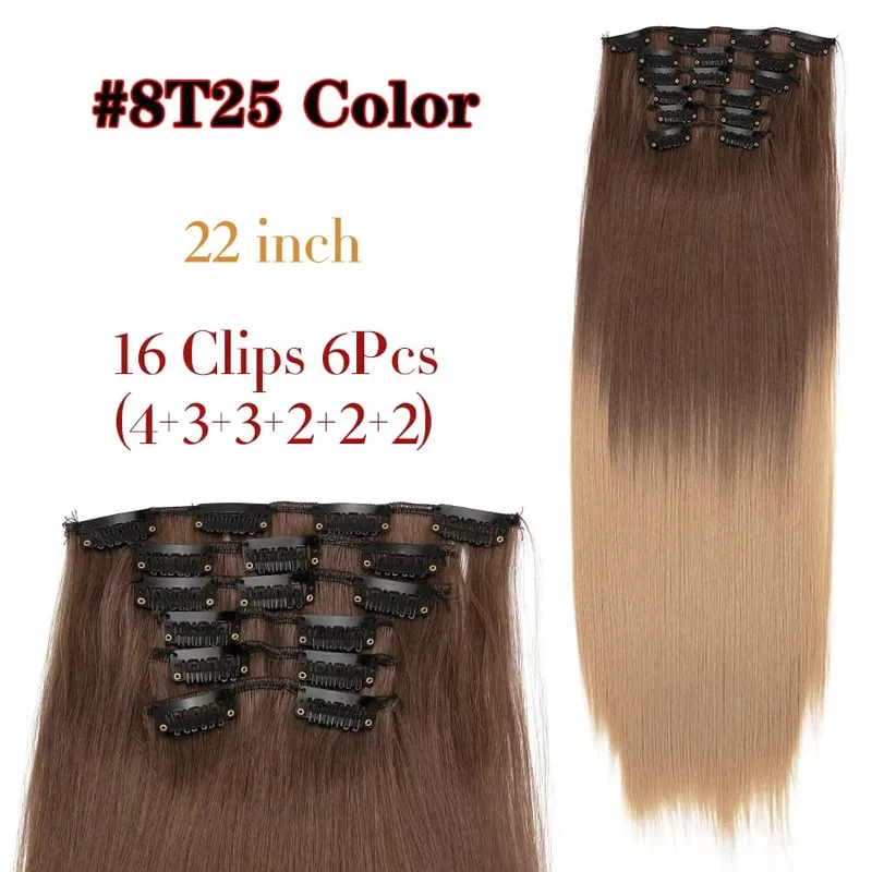 22 Inches Synthetic Long Straight Hairstyle 16 Clips 6Pcs/Set Hair Extensions Blonde Black Hairpieces Heat Resistant For Women