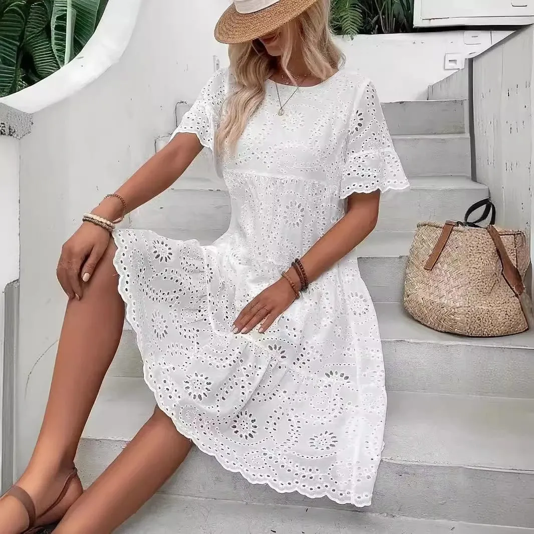 Women's White Eyelet Embroidery Midi Dress Hollow-out Boho Flowy Ruffle Tiered Dress Casual Short Sleeve Summer Beach Dresses — image 4