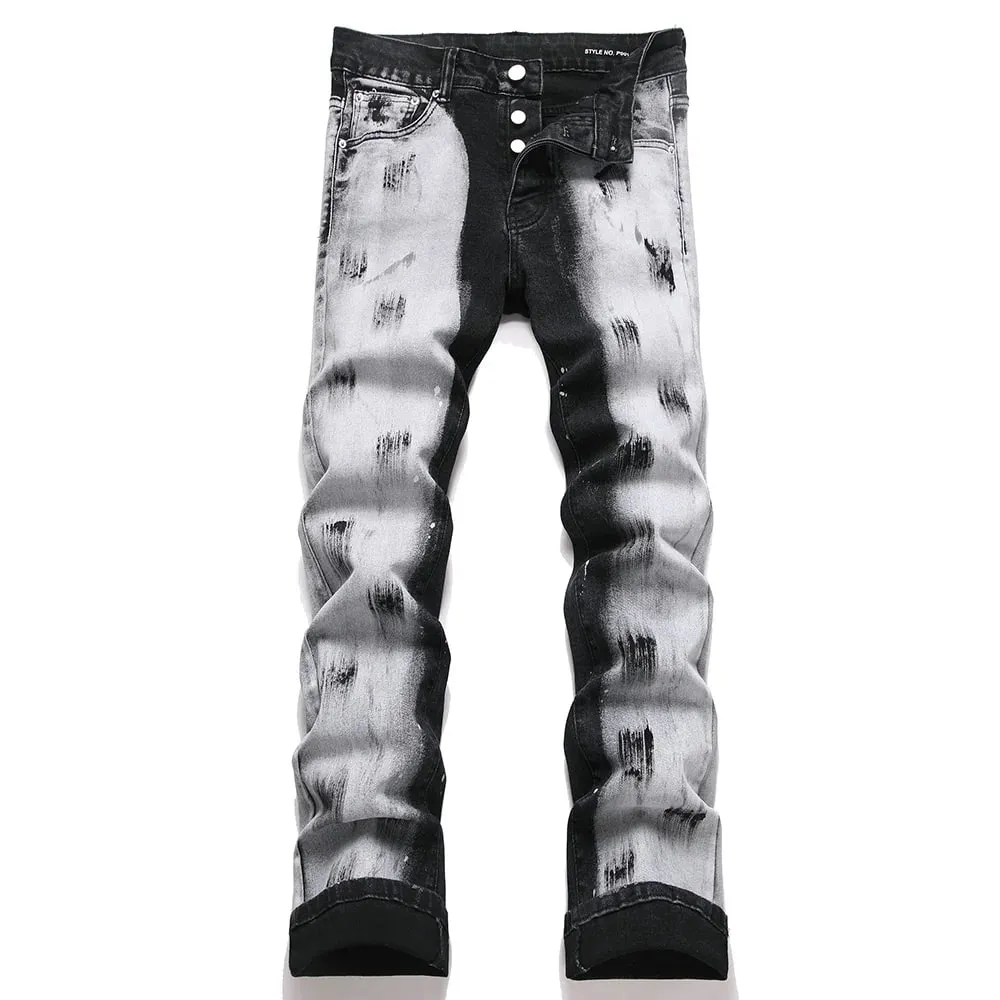Men's Boot Cut Denim Jeans Painted Button Fly Slim Flared Pants Casual Streetwear Stretch Spandex Cotton Trousers