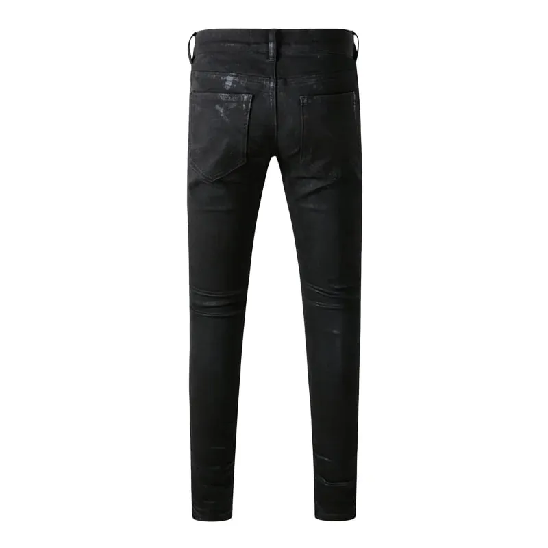 Men's Black Coated Slim Tapered Jeans Washed Distressed Design Button Fly High Street Style — image 2