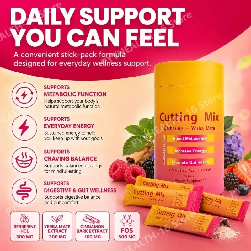 Berberine Yerba Mate Drink Mix Cutting Metabolism & Energy Support Strawberry Acai Flavor Gut Wellness 30 Stick Packs 180g — image 4