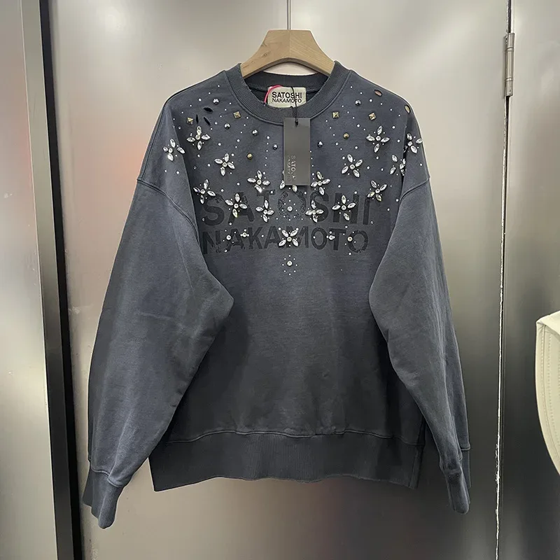 26FW Heavy Fabric Cotton Loose Rhinestone Rivet Satoshi Nakamoto Sweatshirts Men Women Vintage Charcoal Gray Green Pullovers — image 2