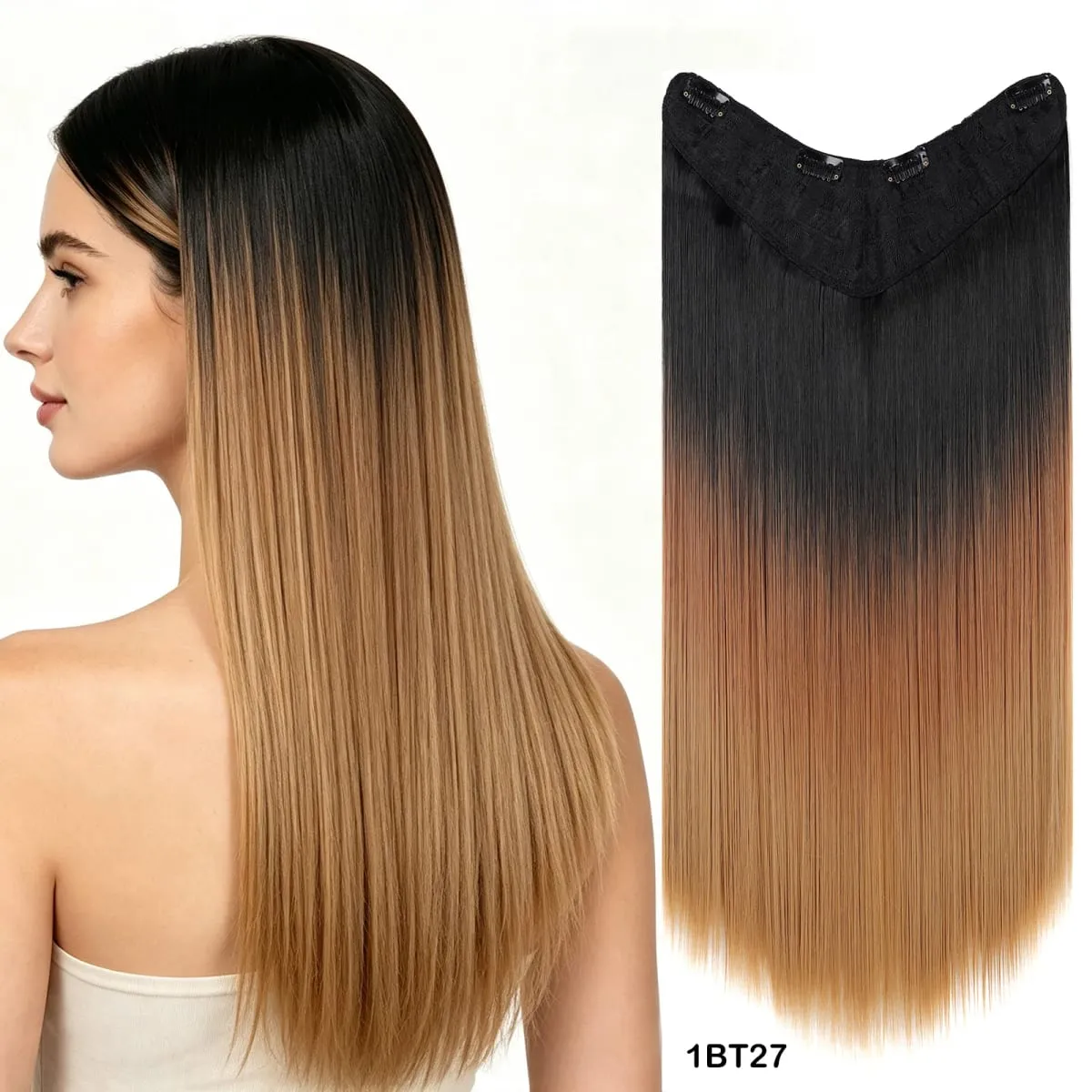 Clip In Hair Extension V Shape One Piece Straight Hair Whit 4 Clips Ombre Synthetic Hair Pieces For Women