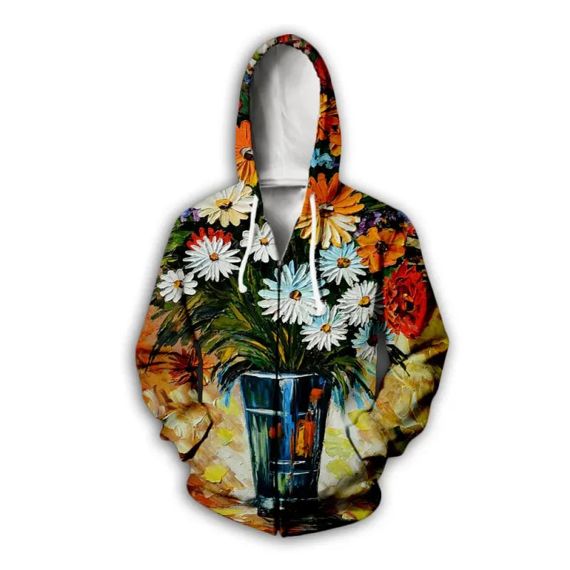 Flower Floral Pattern 3D Print Zipper Hoodies Men's Autumn Hooded Sweatshirts Oversized Streetwear Tracksuit Coat Man Clothing