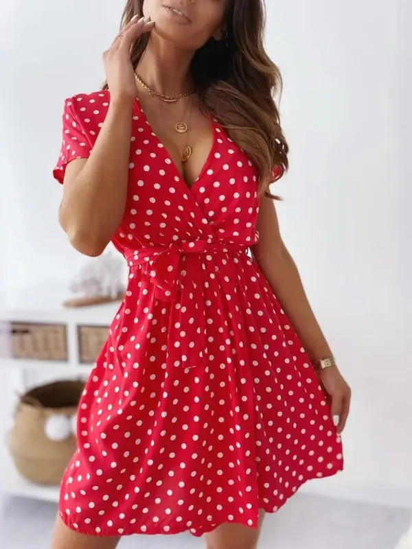 Sommer Damen Polka Dot Gedruckt Kurzarm Casual Kleid Modische V-ausschnitt Gürtel Pendeln Kleid Urlaub Party Damen Kleid — image 7