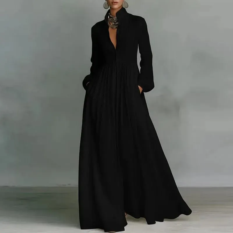 Gaun Panjang Buaian Pinggang Tinggi yang Elegan Wanita Musim Bunga Poket Pepejal Gaun Maxi Berlipat Musim Gugur Lengan Panjang Pakaian Petang — image 3
