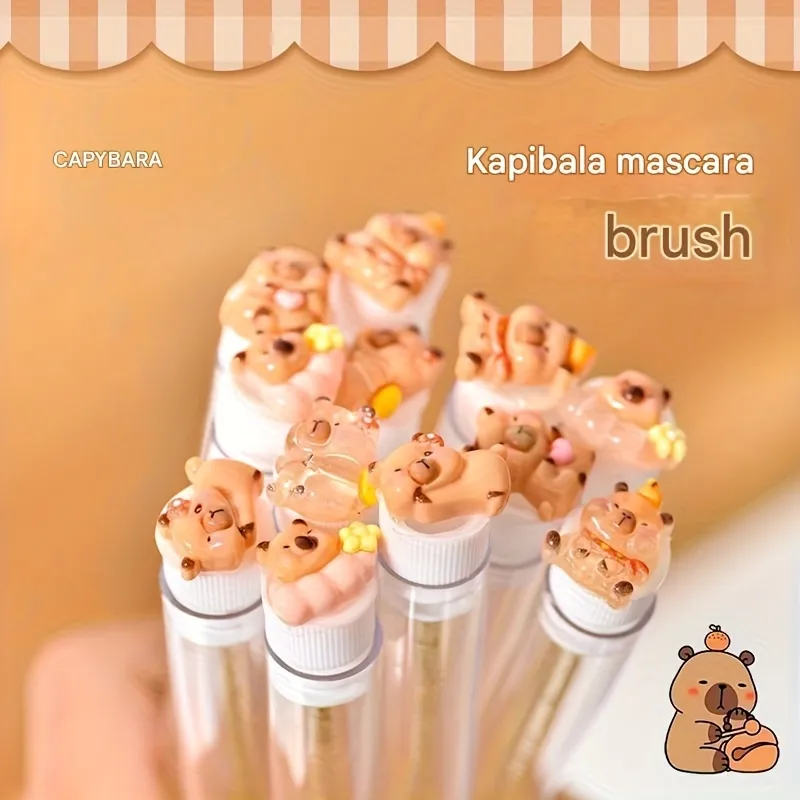 10pcs per pack Eyelash Extension Brushes -Cute Kapibara Design Oval Shape-Reusable Nylon Bristle Heads with ABS Plastic Handles