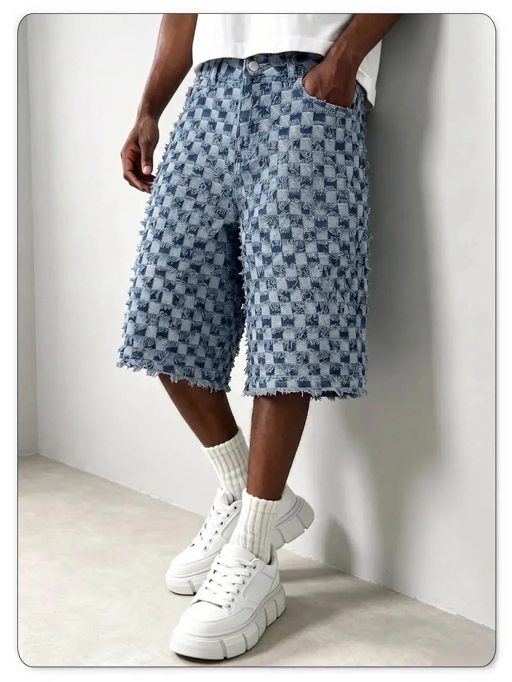 Men Fringe Checkerboard Jacquard Jean Shorts Casual Loose Wide Leg Raw Hem Knee Length Shorts Summer Bermuda Jeans — image 4