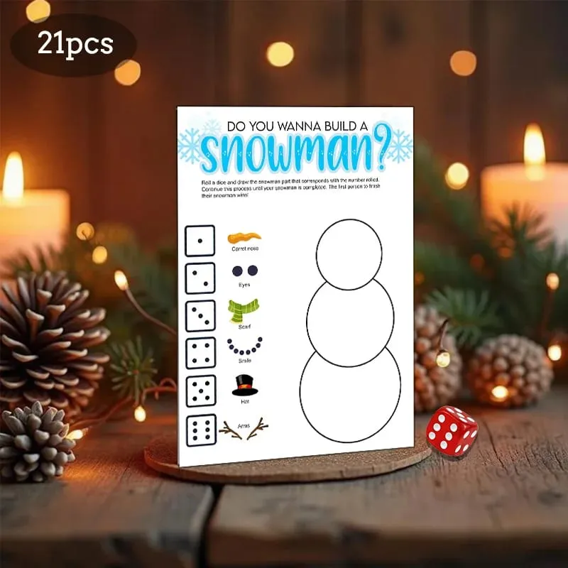 21pcs Christmas Roll a Snowman Game Cards Dice Rolling Game Set Snowman Drawing Game Family Party and Holiday Party Game