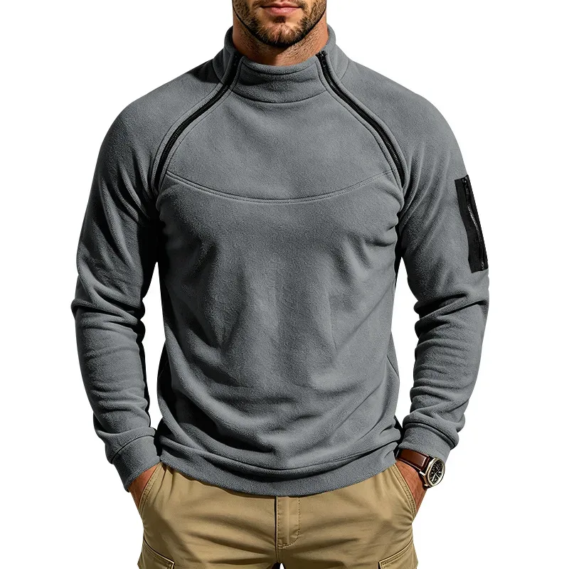 Men Fleece Stand Collar Sweatshirt Diagonal Zipper Arm Pocket Long Sleeve Loose Casual Pullover Autumn Winter Outdoor Tops — image 6