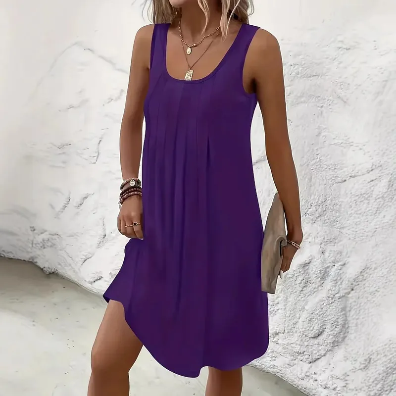 2026 New Casual Women Tank Dresses U Neck Front Pleated Loose Swing Mini Dress Solid Color Soft Summer Beach Daily Wear Robes — image 5