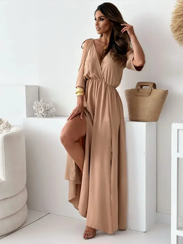 Zomer V-hals Rok Split Jurk Off-shoulder Mouwen Sexy Spaghetti Band Jurk Mode Elegante Losse Strand Jurken Gewaad femme