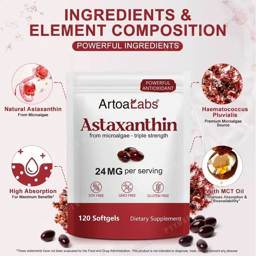 Astaxanthin Softgels 24mg Triple Strength Kraftfuld antioxidant Øjensundhedsstøtte Mikroalger Sojafri Glutenfri 120 Antal — image 4