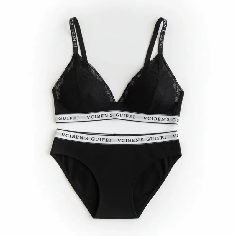 Comfortable Letter Design Lingerie Set Deep V Lace Women Underwear Suit Wireless Color Blocking Bra Panties Set Gift — image 8