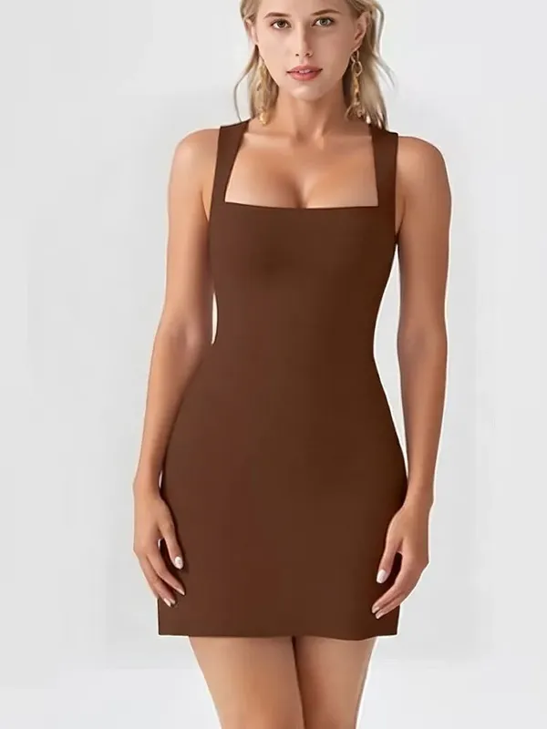 Simple Solid Color Slip Dress Summer Elegant Square Neck Sleeveless Short Dressest Fashion Versatile Casual Slim Fit Dress — image 10