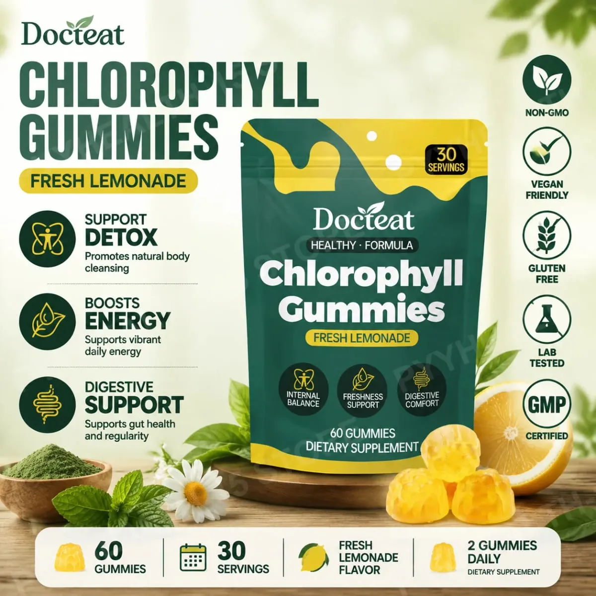 Docteat Chlorophyll Gummies Lemonade Gut Nutrition Balance with Prebiotic Inulin and Apple Fiber Digestive Wellness 60 Gummies