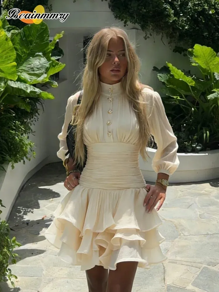 Cream Victorian-inspired Mini Dress Women Puff-sleeve Ruched Tiered Romantic Cottagecore Party Dresses 2026 Trendy Chic Outfit — image 5