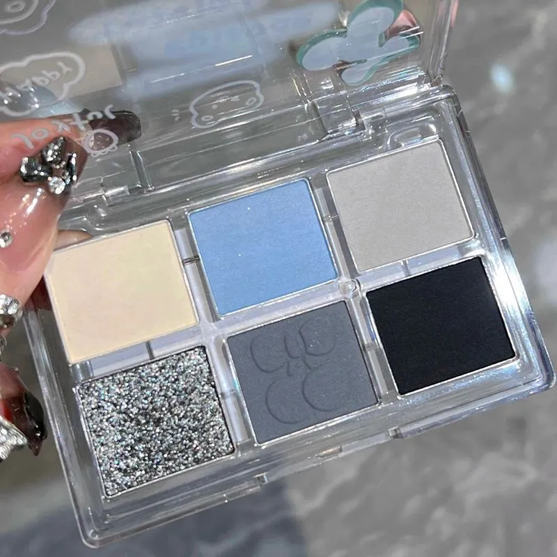 Matte Grey Blue Smoky Eye Shadow Palette 6-Color Glitter Silver Acrylic Eye Shadows Palette Long Lasting Eye Makeup Cosmetics