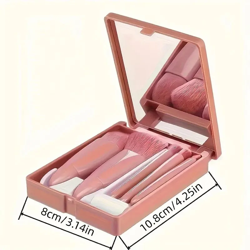 Conjunto de pincéis de maquiagem de 5 peças, ideal para viagens, com espelho compacto e mini estojo, sombra versátil e pincéis de pó solto — image 3