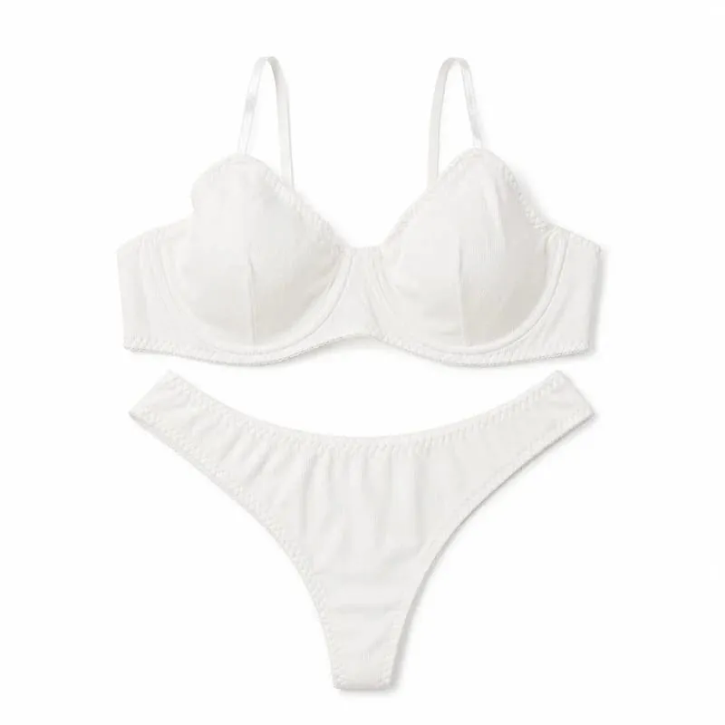 Women Solid Ribbed Lingerie Set Underwire Thin Cup Bra Matching Low Rise Thong Soft Daily Intimates