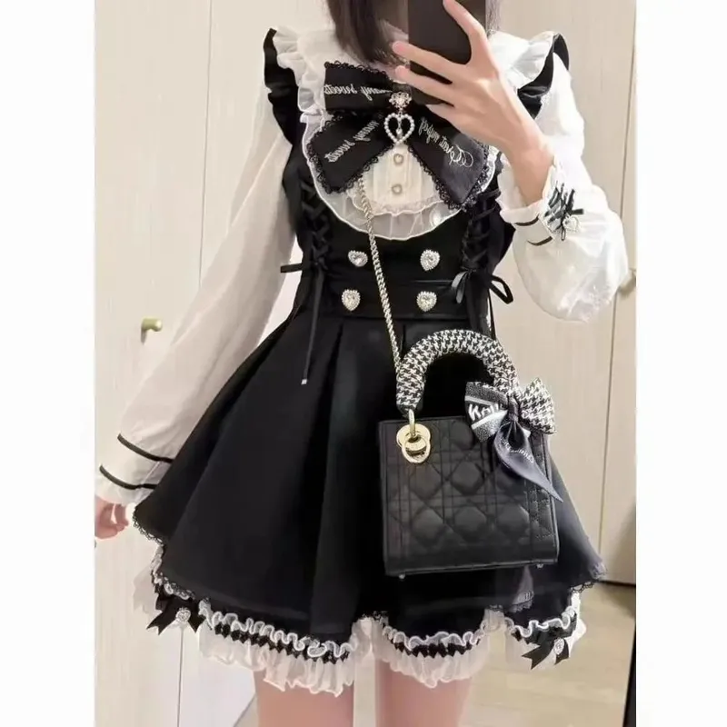 Sweet Lolita Style Lace Pearl Cute Print Shirt Dresses Japanese Kawaii Bow Dress Set Gothic Y2k Tea Party Women Dress 2025 New — image 8