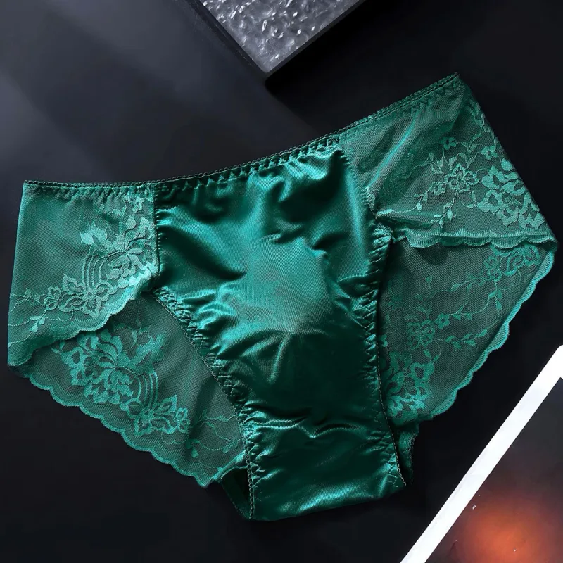 Men Lace Briefs Seamless Ice Silk Briefs Underwear 3D Bulge Pouch Low Waist Gay Panties