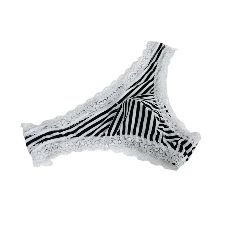 Men Lace Trim Striped G-string Underwear Half-covered Butt Low-rise Pantie Thong Half Hip Men Briefs Mens Sexy Underwear