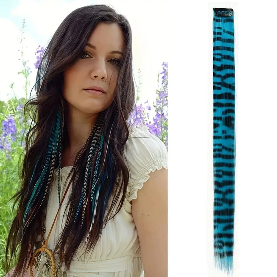 Long Straight Colorful Striped Feather Hairpieces Synthetic Y2K Green Orange Clip in Leopard Print Hair Piece Cosplay Party — image 13