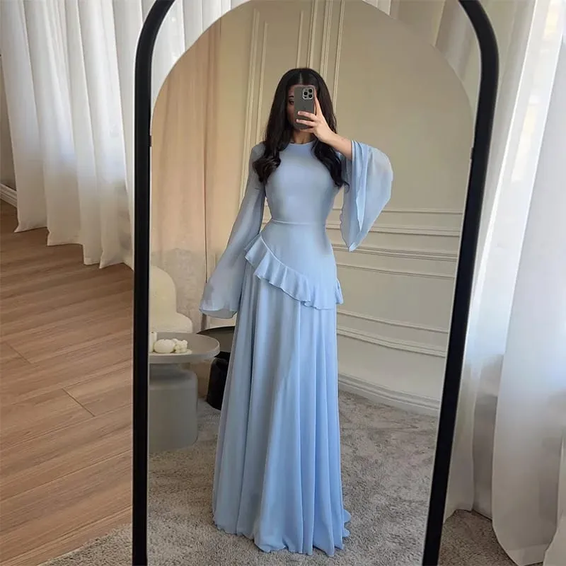 Women Chiffon Solid Ruffled Dress Flare Sleeve Round Neck 2025 New Elegant Maxi Gown Evening Party Fashion Holiday Lady — image 8
