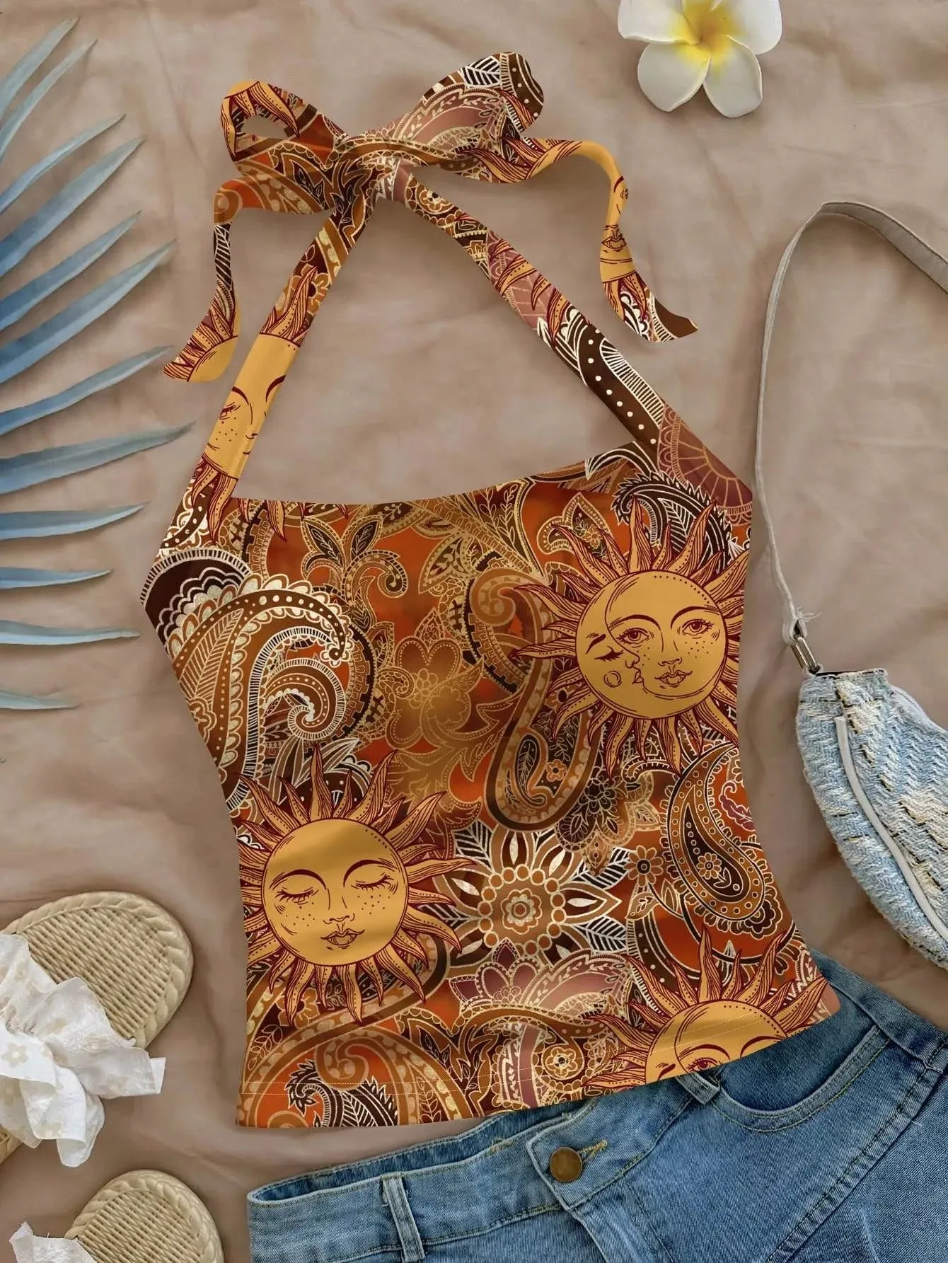 Women's Golden Sun God Paisley Full Print Halter Tank Top