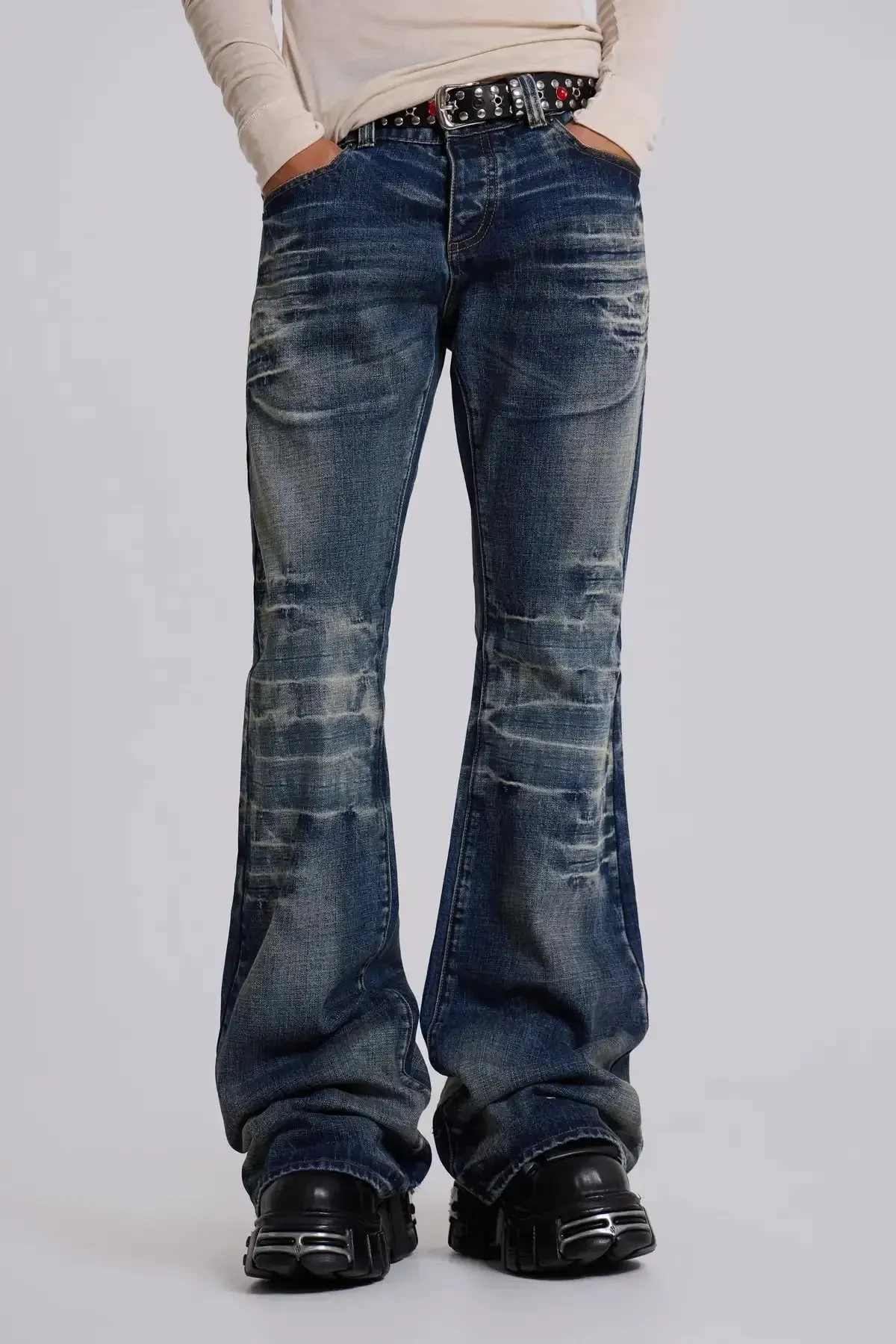 Y2K Vintage Flared Jeans Mid Blue Washed Men Women Bootcut Jeans American Hip Hop Distressed Streetwear Unisex Wide Leg Pants — image 10