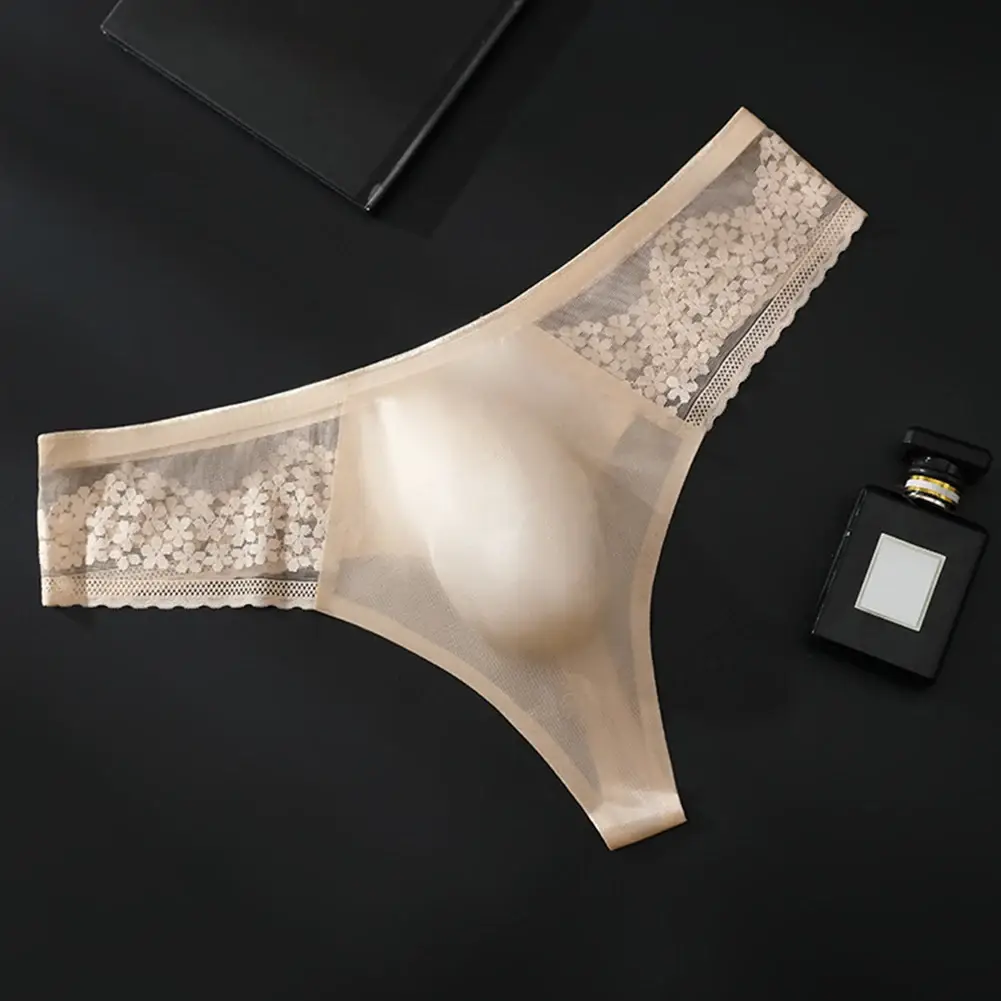Breathable Men's Lace G-String Underwear Featuring Thin Seamless Ice Silk Fabric with 3D Bulge Pouch and Solid Color Design