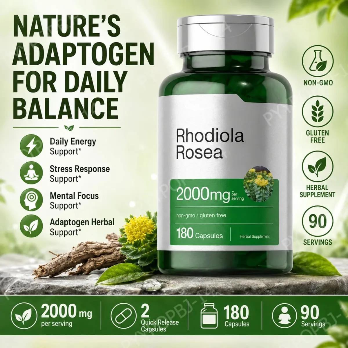 Rhodiola Rosea Root Extract 2000mg Equivalent Herbal Dietary Supplement 180 Capsules — image 2
