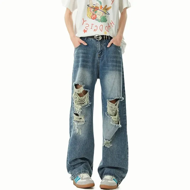 New Spring/Autumn Fashion Solid Color American Retro Straight Leg Ripped Jeans Men's Casual Loose Fit Sports High Quality Jeans — image 3