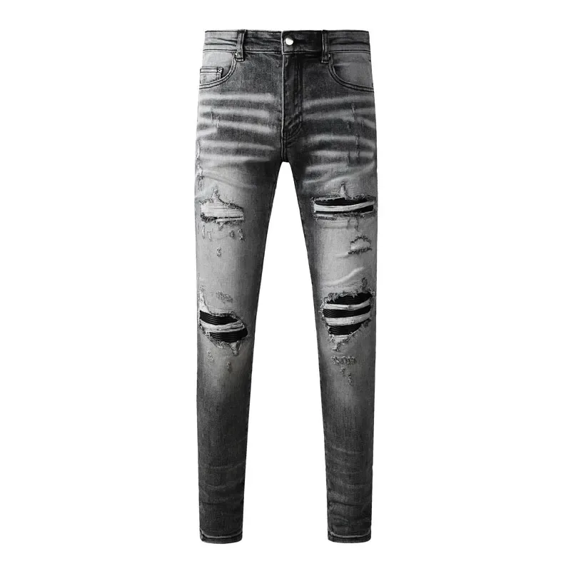 Fashionable New Men's Retro Blue Jeans With Pleated Elastic Perforated Blue Leather Patch Tight Tapered Pants Y2K — image 16